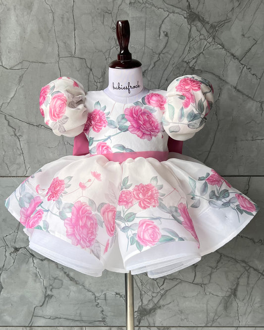 Rose print organza frock with pink bow, photo 2 of 2