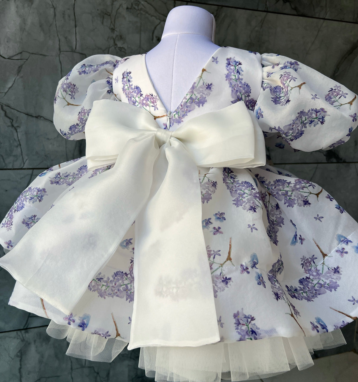 Lilac print organza frock with bow, photo 5 of 5
