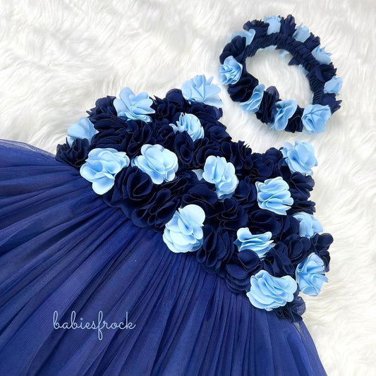 Navy tulle frock with blue flowers, photo 2 of 4