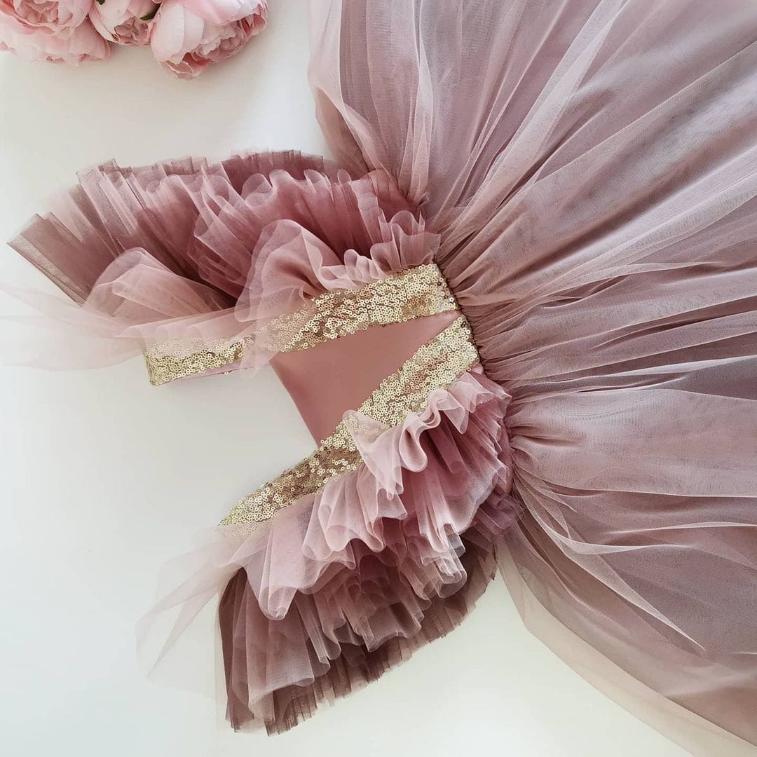 Dusty rose frill sleeve tulle frock, photo 3 of 3