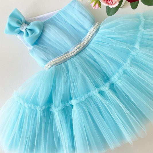 Sky blue frock with bead work, photo 2 of 3