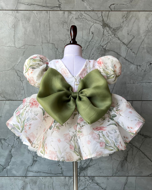 Floral print organza frock with olive bow for a baby girl