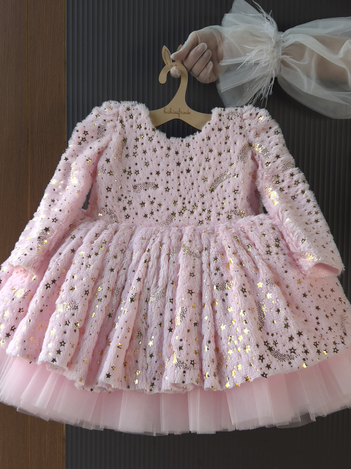 Pink starlight winter frock with bow, photo 2 of 3