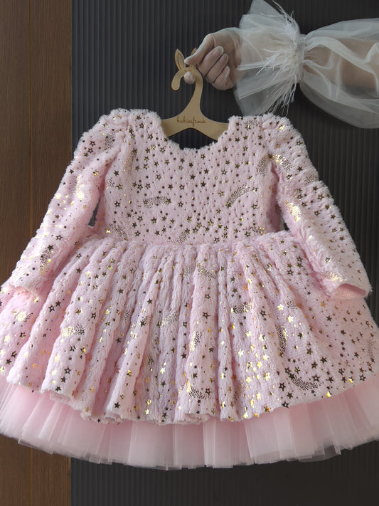 Pink starlight winter frock with bow, photo 2 of 3
