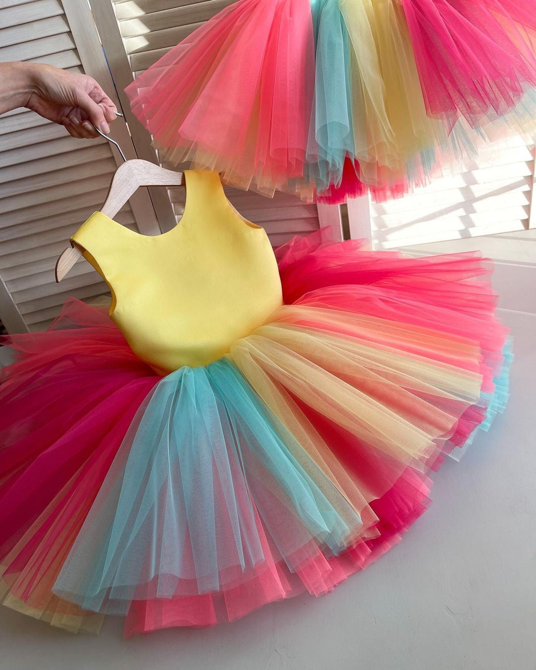 Rainbow tulle frock with yellow top for a baby girl