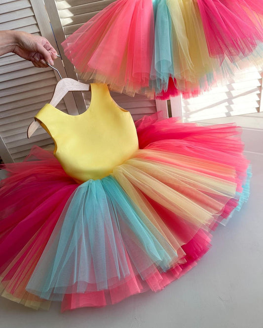 Rainbow tulle frock with yellow top for a baby girl