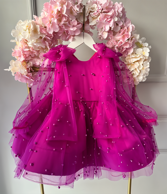 Fuchsia pearl tulle frock for a baby girl