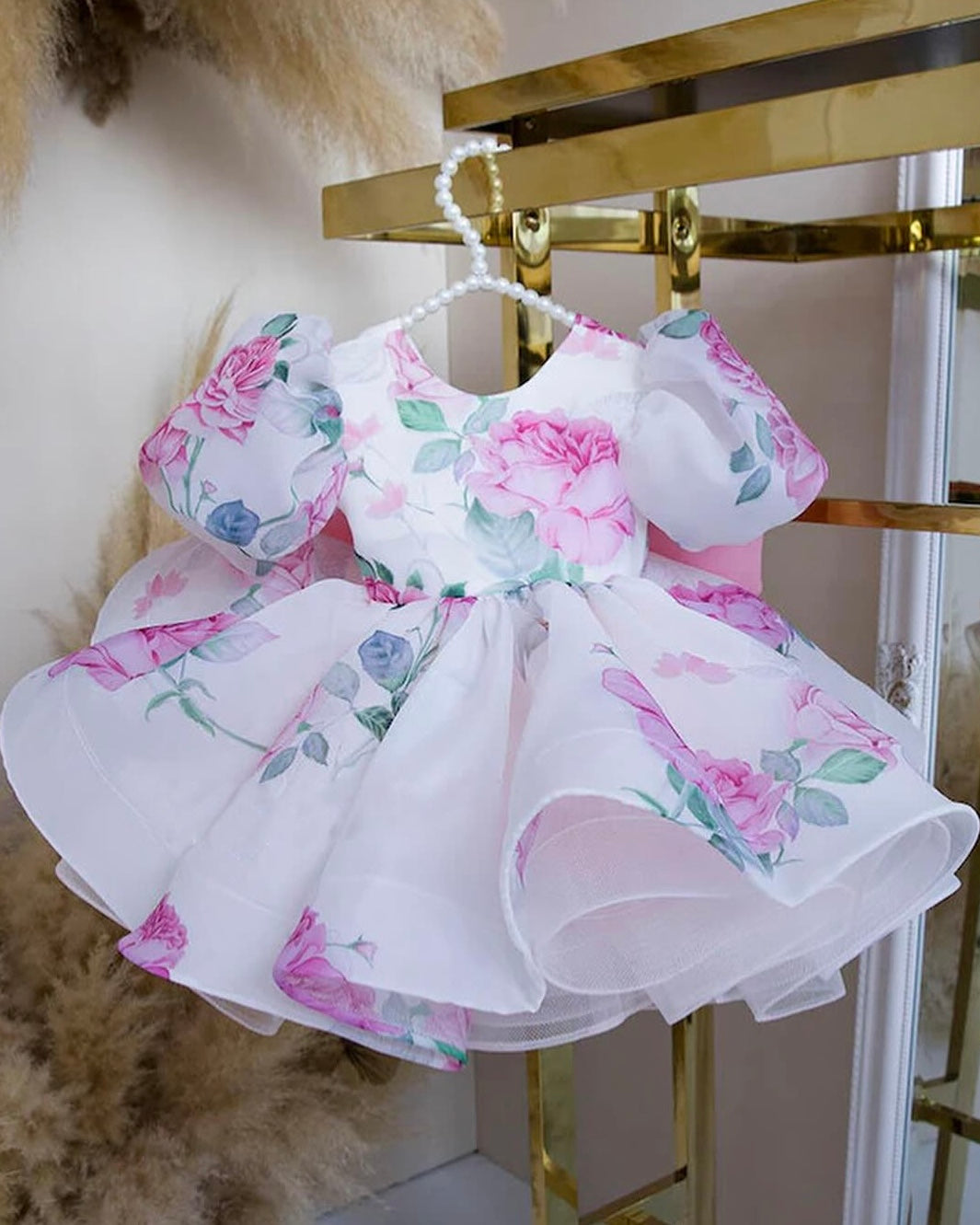 Ivory floral print organza frock for a baby girl