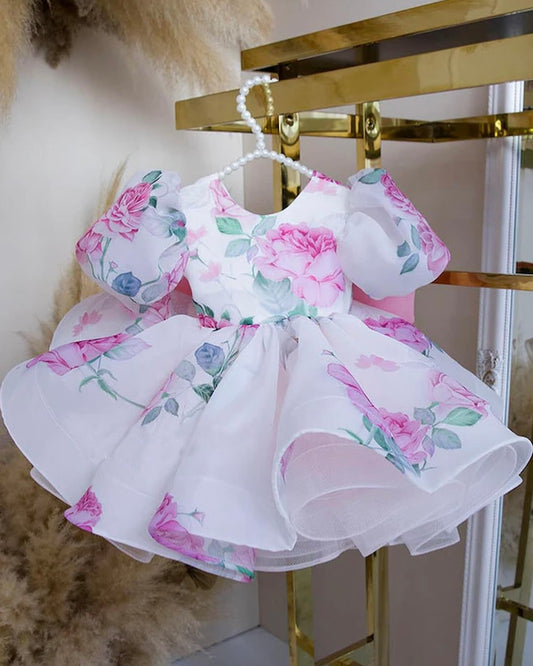 Ivory floral print organza frock for a baby girl