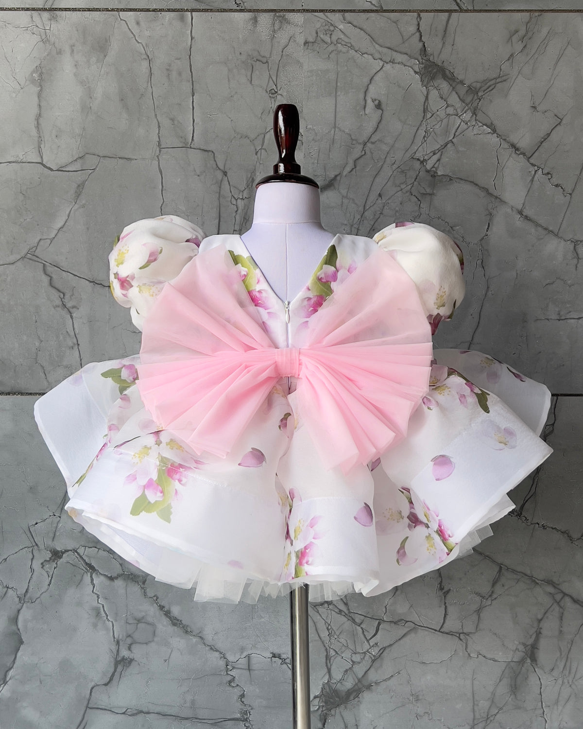 Floral print organza frock with pink bow, photo 2 of 2