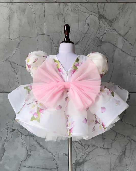 Floral print organza frock with pink bow, photo 2 of 2