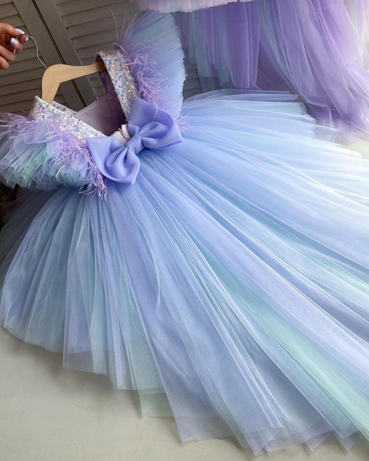 Rainbow ombré tulle frock with tail for a baby girl