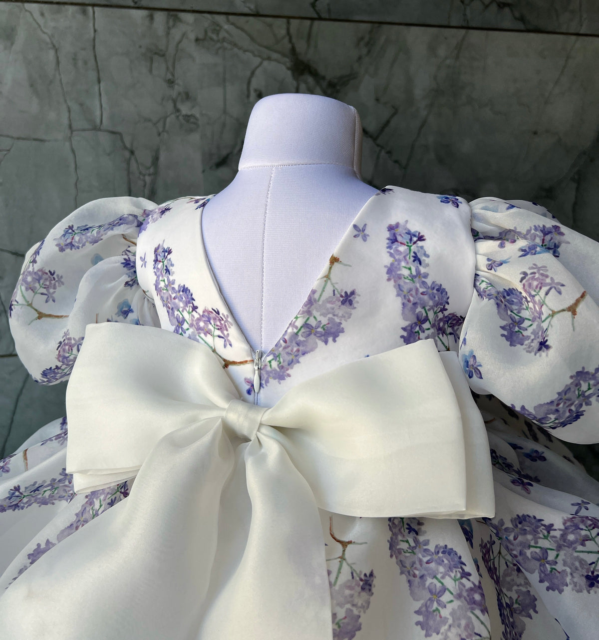 Lilac print organza frock with bow, photo 4 of 5