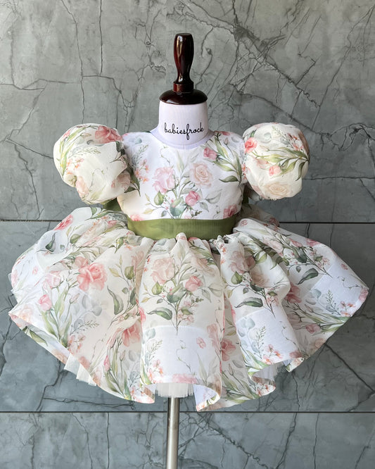 Floral print organza frock with olive bow, photo 2 of 2