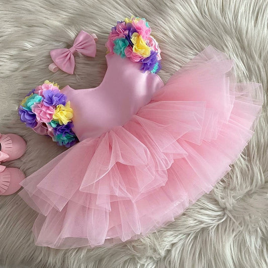 Pink tulle frock with flower crown for a baby girl