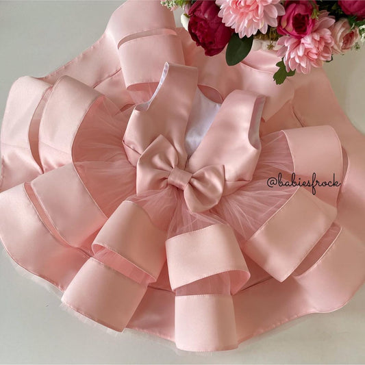 Peach layered satin frock with bow, photo 2 of 2