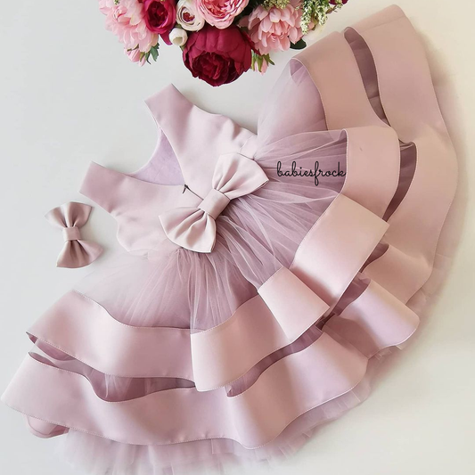 Dusty pink layered satin frock for a baby girl