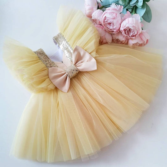 Champagne frill sleeve tulle frock for a baby girl