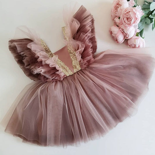 Dusty rose frill sleeve tulle frock, photo 2 of 3