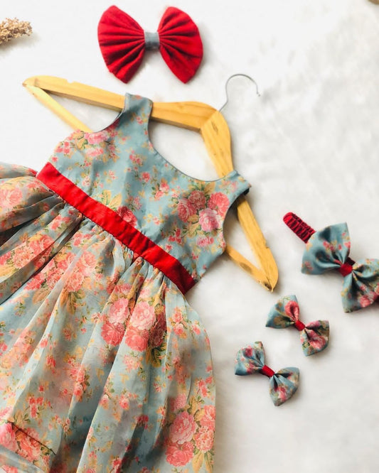 Teal floral print organza frock, photo 2 of 3