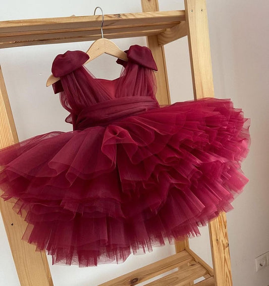 Wine layered tulle frock for a baby girl