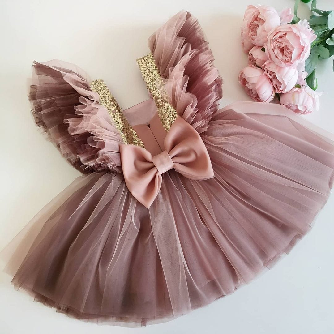 Dusty rose frill sleeve tulle frock for a baby girl