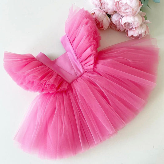 Hot pink flutter sleeve tulle frock for a baby girl