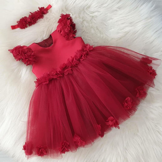 Red petal tulle frock for a baby girl