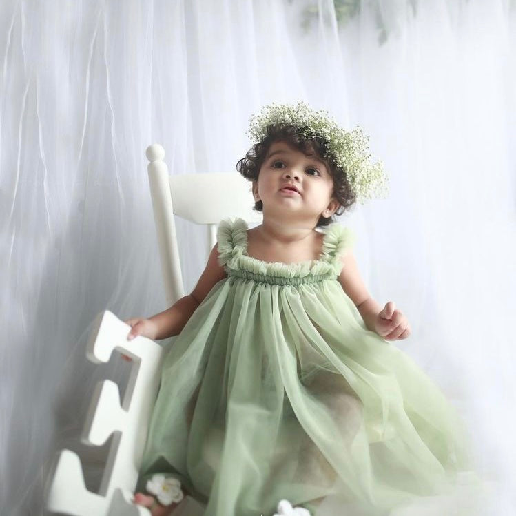 Sage green tulle frock for a baby girl