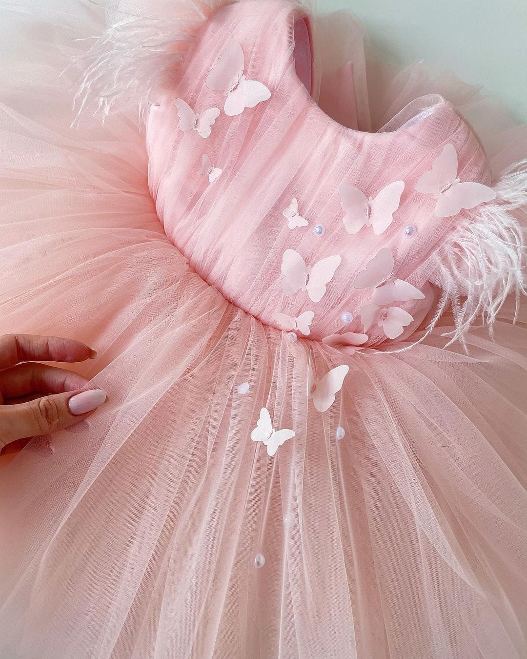 Pink feather sleeve tulle frock, photo 2 of 3