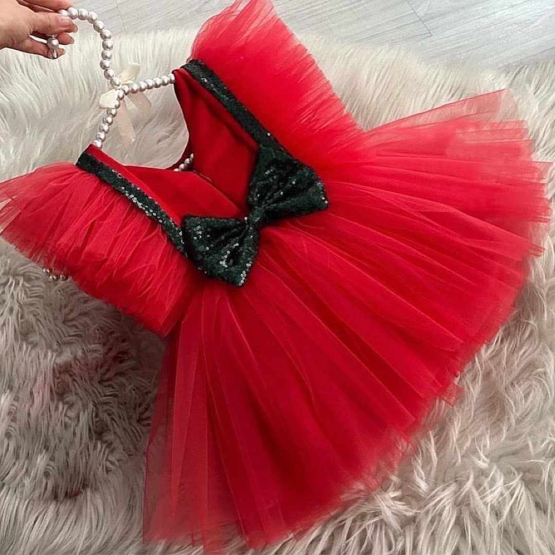 Red tulle frock with black sequin bows, photo 2 of 2