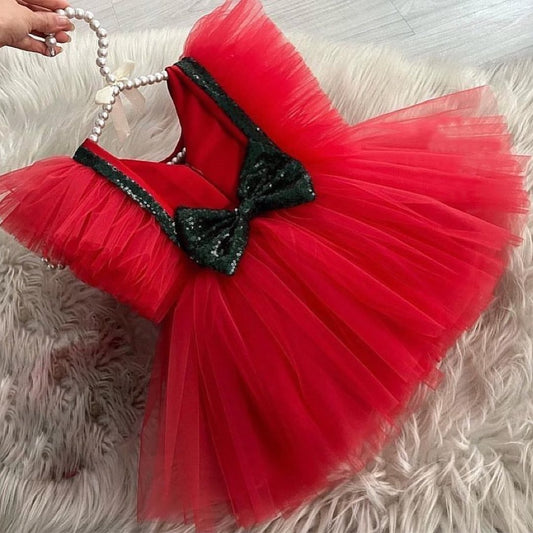 Red tulle frock with black sequin bows, photo 2 of 2