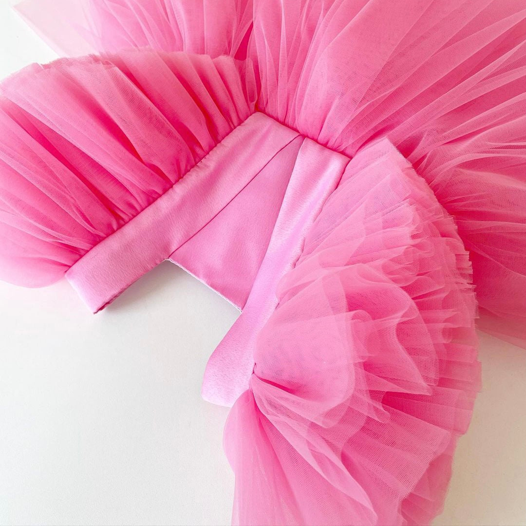 Hot pink flutter sleeve tulle frock, photo 3 of 4