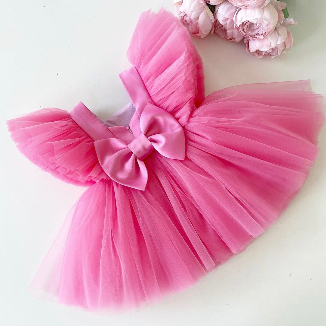 Hot pink flutter sleeve tulle frock, photo 4 of 4