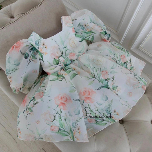 Pastel floral print organza frock for a baby girl