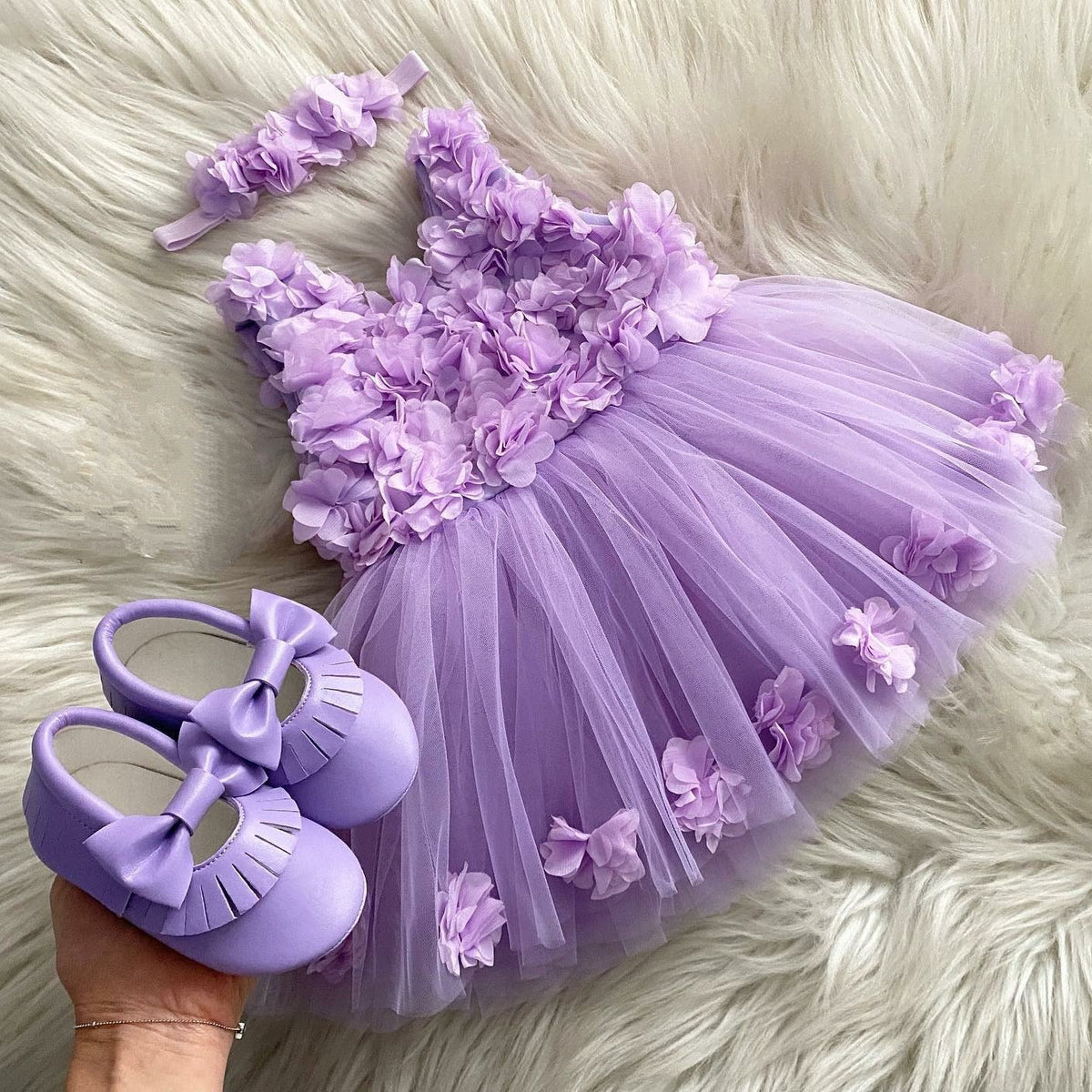Lilac petal tulle frock for a baby girl