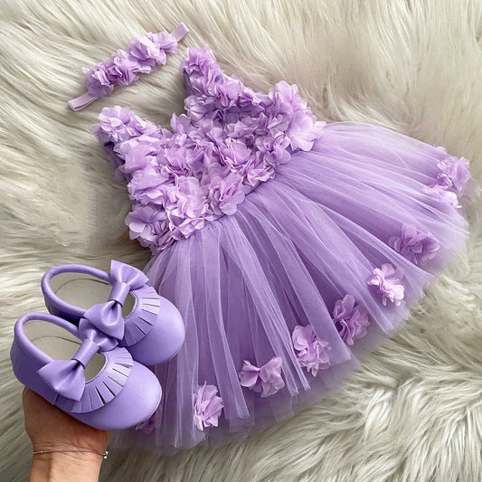 Lilac petal tulle frock for a baby girl