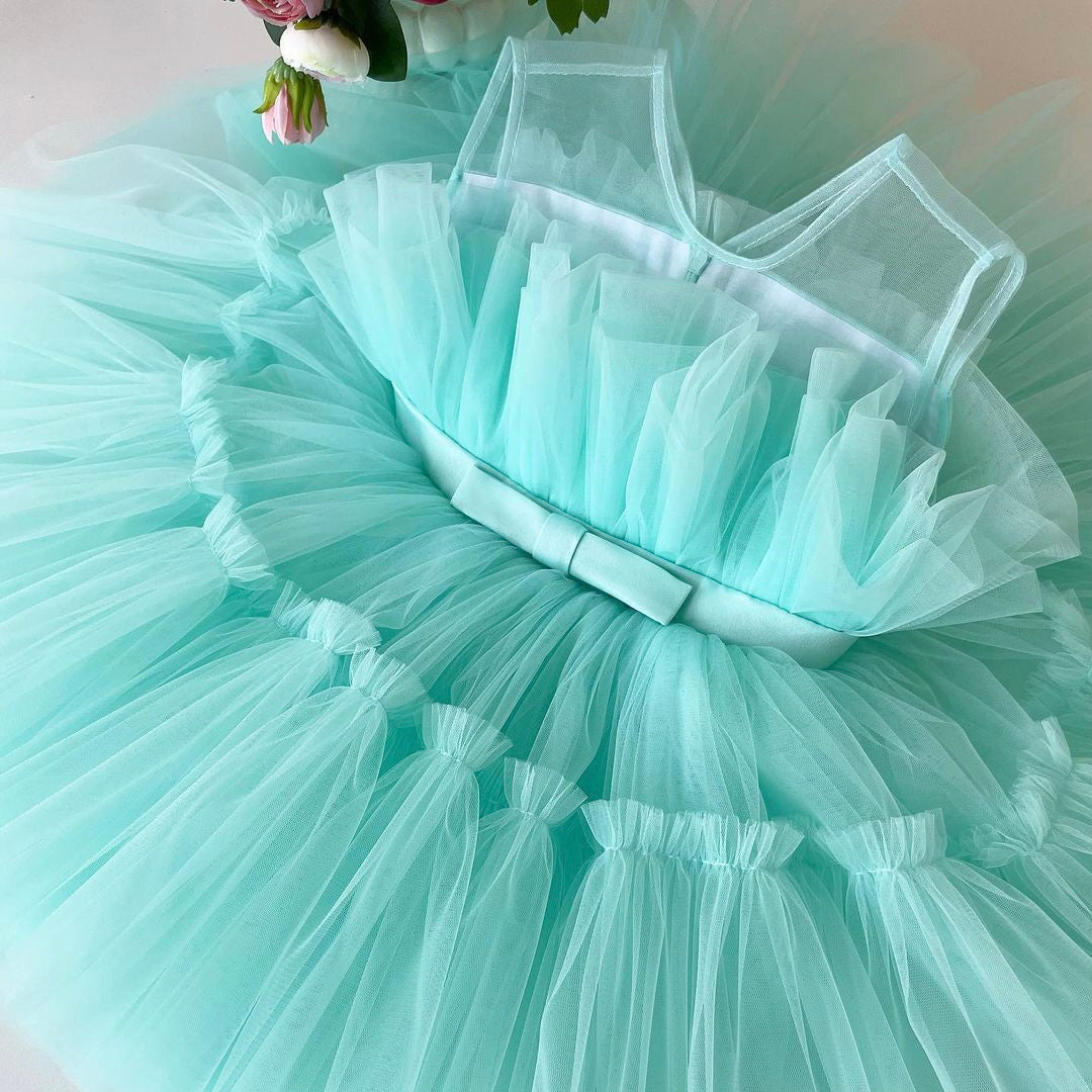 Aqua tulle frock with satin sash, photo 2 of 2