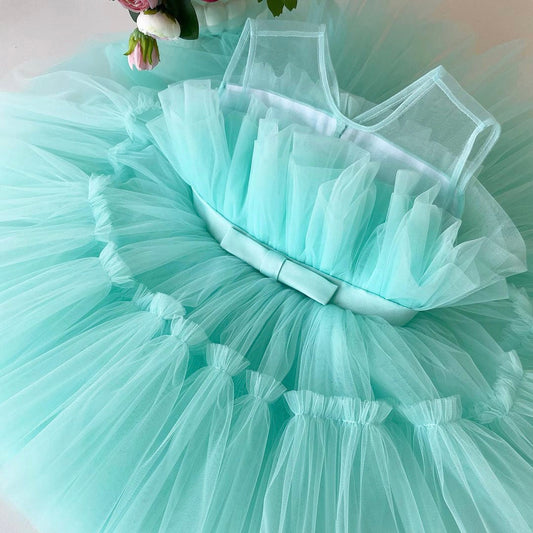 Aqua tulle frock with satin sash, photo 2 of 2