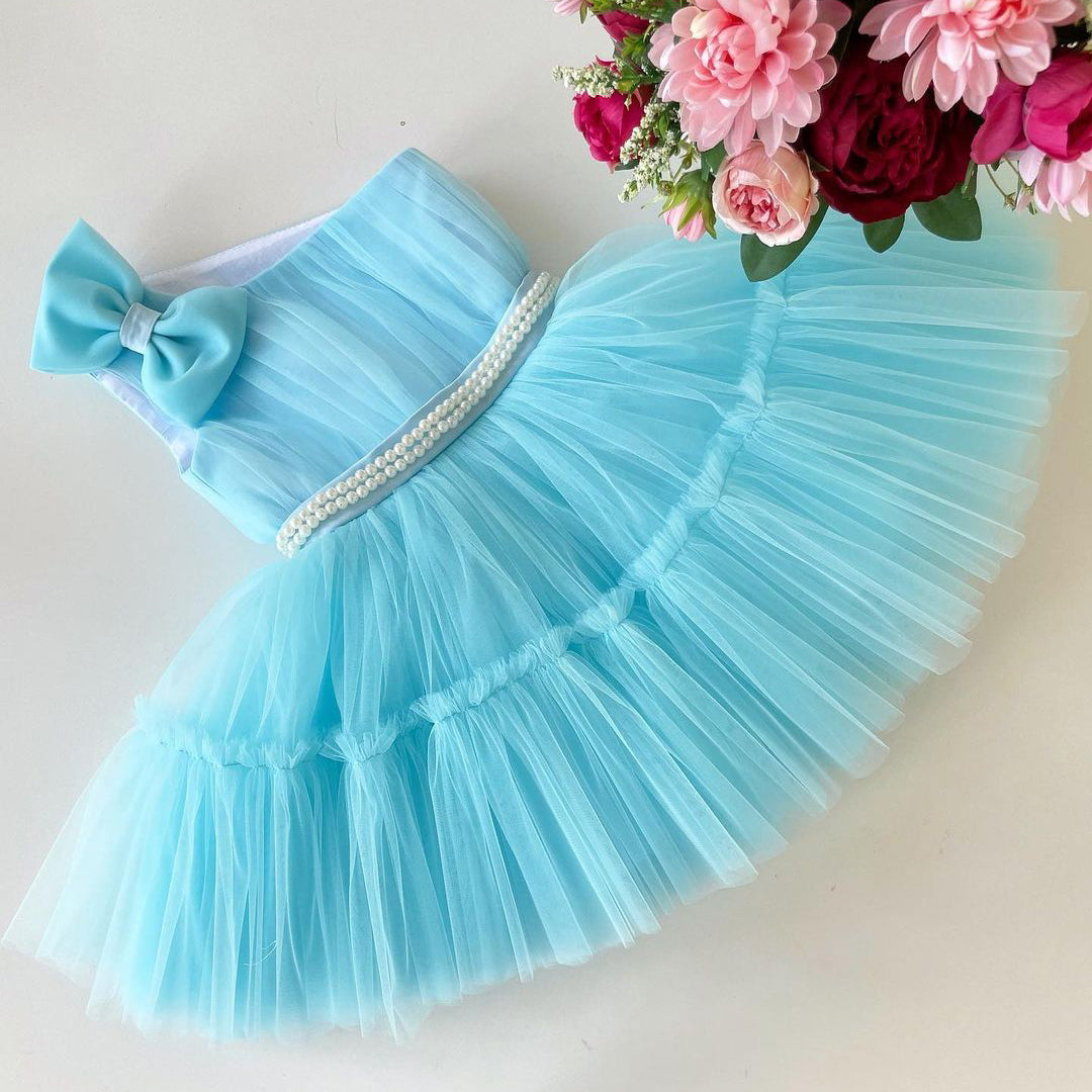 Sky blue frock with bead work for a baby girl