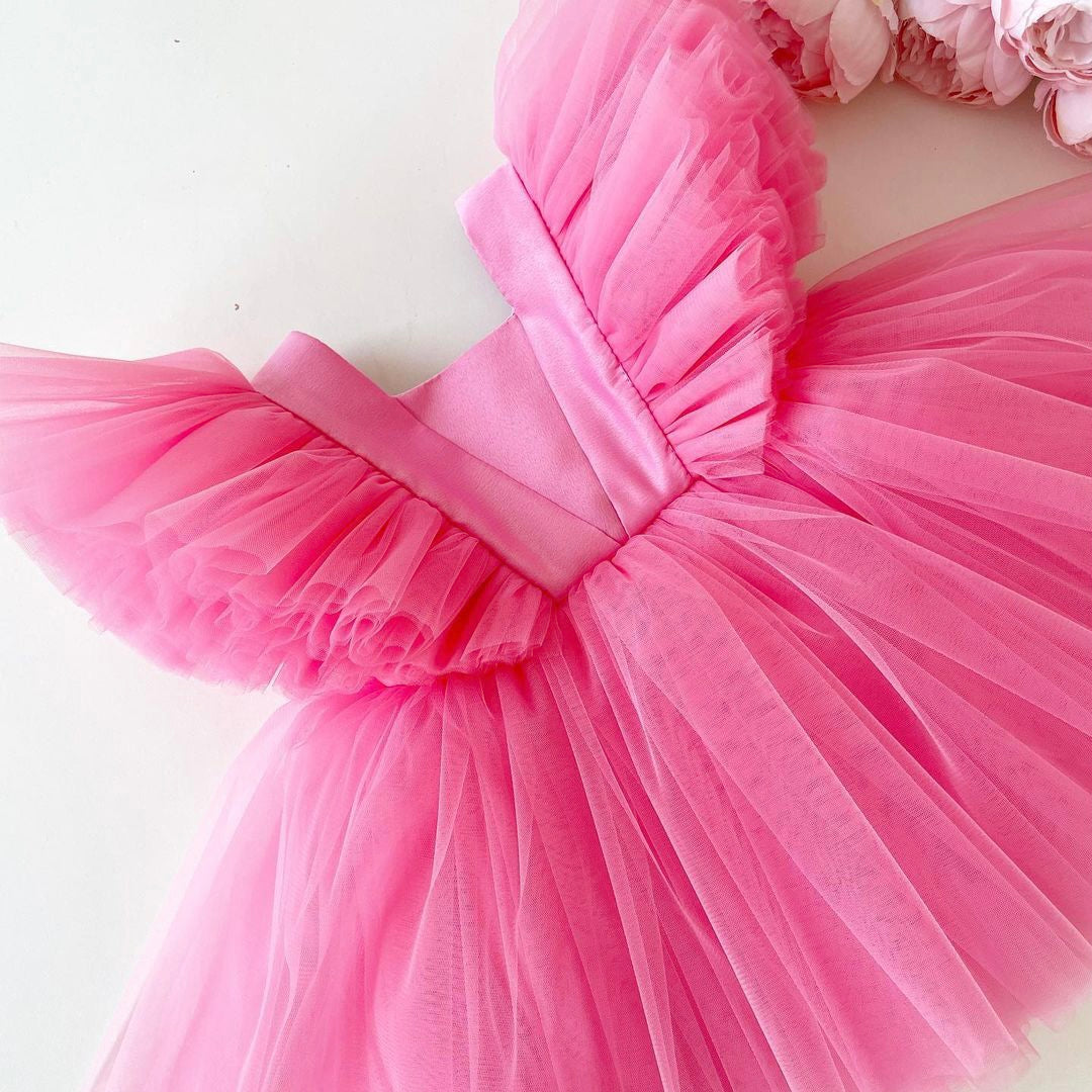 Hot pink flutter sleeve tulle frock, photo 2 of 4