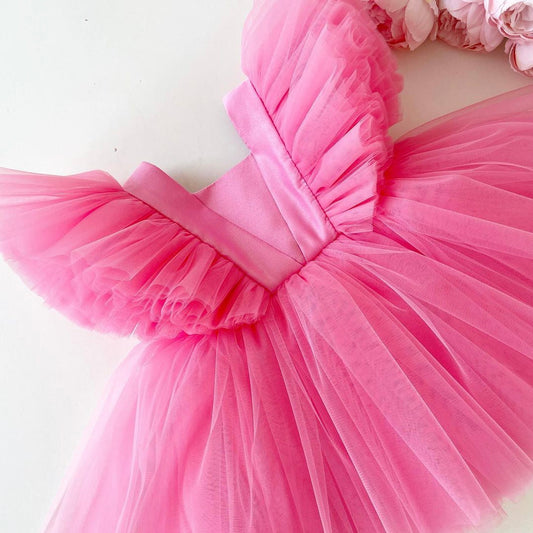 Hot pink flutter sleeve tulle frock, photo 2 of 4
