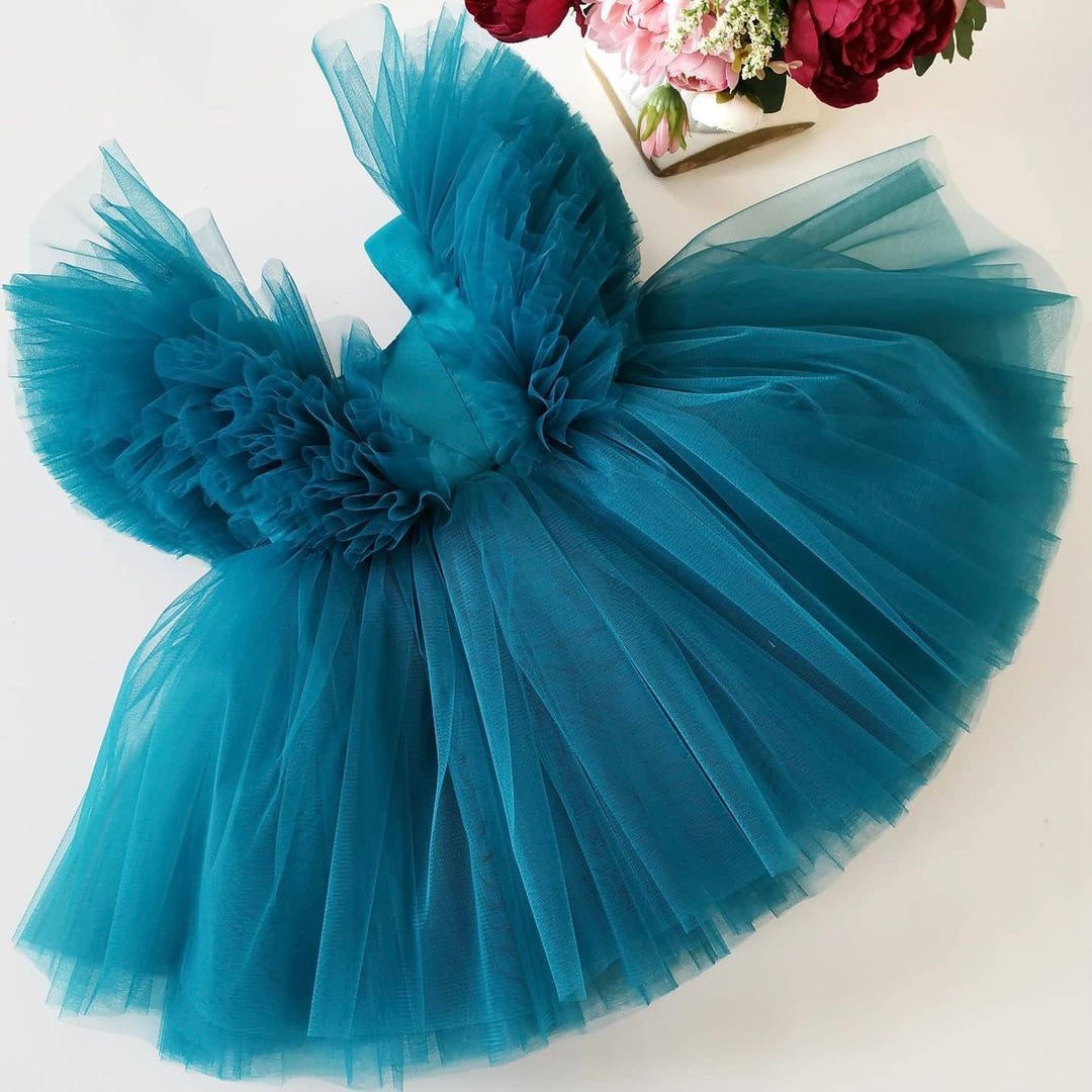 Teal tulle frock with ruffle for a baby girl