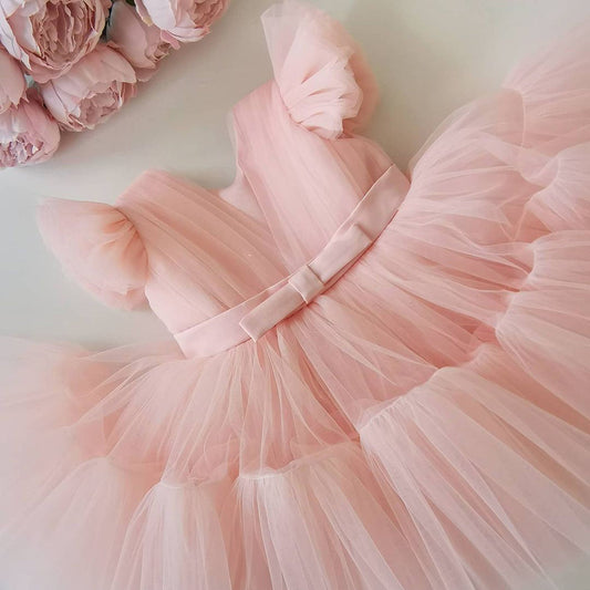 Peach frill tulle frock for a baby girl