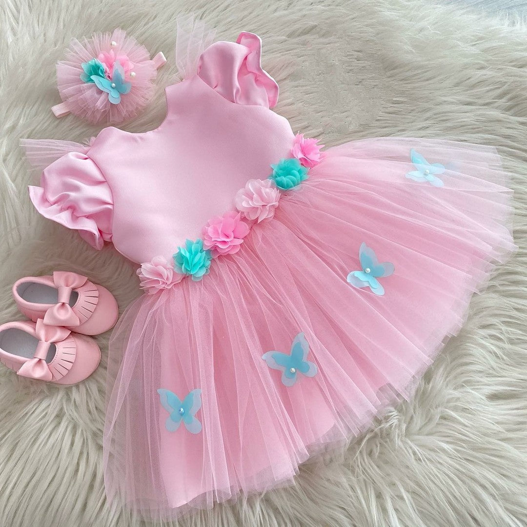 Baby pink tulle frock with butterflies for a baby girl